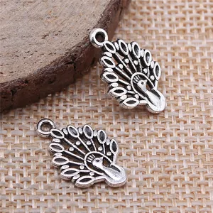 Detailed antique silver finish peacock charm pendants for DIY jewelry making, 12x19mm