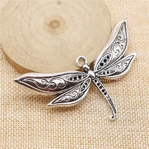 Detailed antique silver dragonfly pendant charm for DIY handmade jewelry making, 80x47mm