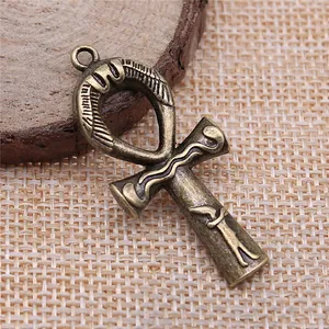 Vintage bronze Egyptian Ankh cross pendant for DIY jewelry making, 43x19mm charm