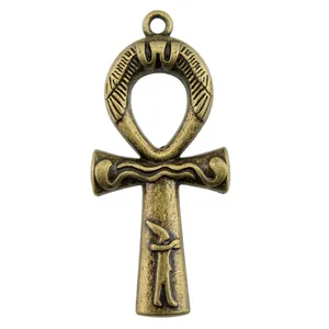 Antique bronze Ankh cross pendant with Egyptian engravings, 43x19mm jewelry accessory.