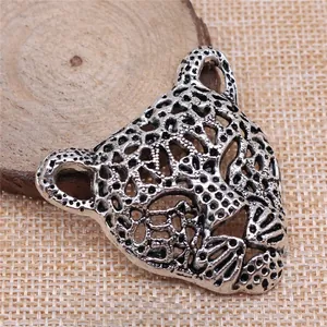 Vintage silver leopard head pendant with hollowed lattice design for jewelry making