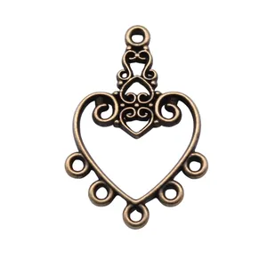 Antique bronze heart filigree earring connector for DIY jewelry making, 30x21mm.