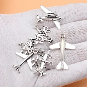 Juego de 10 colgantes de avión y helicóptero de plata antigua para hacer joyas de bricolaje