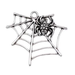 Vintage silver spider on spider web metal charm pendant for DIY handmade jewelry crafts