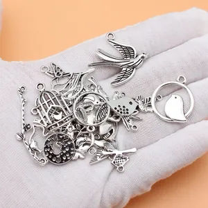 Antique silver bird charms set with swallow pigeon and hummingbird for DIY jewelry