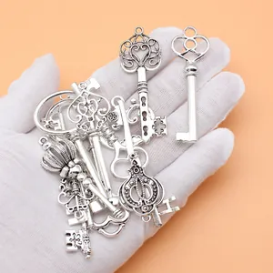 Set of 12 antique silver skeleton key pendants for jewelry making and DIY crafts