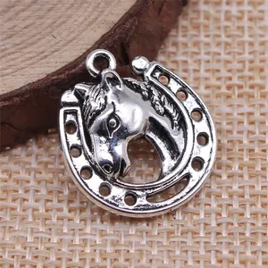 Vintage silver tone horse head inside horseshoe pendant charm for DIY jewelry making