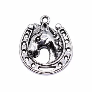Antique silver horseshoe horse head pendant charm for DIY jewelry making 21x19mm 2.3g