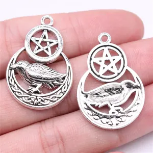Vintage punk silver raven and moon pentagram charms for DIY jewelry making accessories
