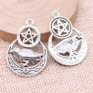 Antique silver punk style pendants featuring a moon pentagram and raven for jewelry