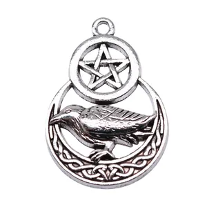 Gothic raven pendant featuring a crescent moon and pentagram in antique silver finish
