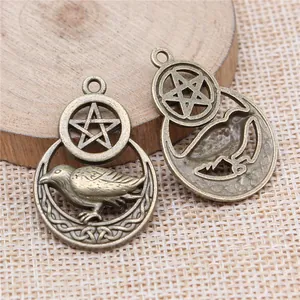 Vintage bronze pentagram moon and raven pendant set for punk rock jewelry making