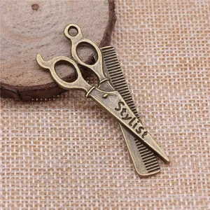 Vintage antique bronze barber scissors and comb pendant charm for DIY jewelry craft
