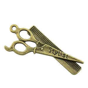 Antique brass barber scissors and comb pendant with Stylist engraving for DIY jewelry making