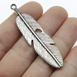 Detailed silver-colored alloy feather pendant accessory for DIY jewelry making projects