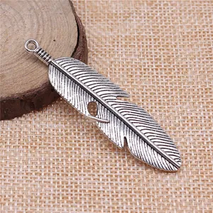 Detailed antique silver feather pendant charm for DIY jewelry making and crafts 62x15mm