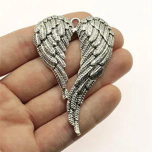 Large antique silver angel wing heart pendant for DIY jewelry making projects 68x46mm