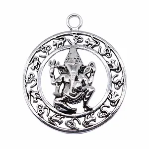 Antiek zilveren Indiase Ganesha OM ronde hanger voor het maken van DIY sieraden, 38x38mm