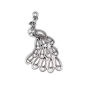 Detailed antique silver peacock pendant charm for jewelry making 43x24mm