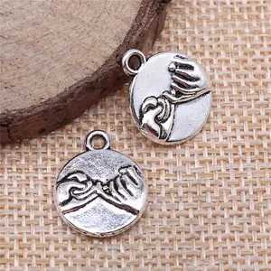 Antique silver round pinky swear charm pendant for handmade DIY jewelry making 14x17mm