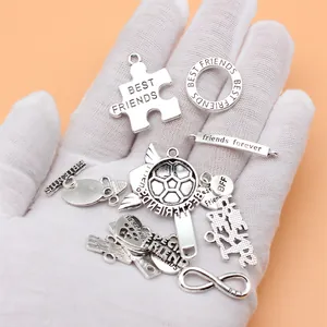 Set mit 18 antiken silbernen Freundschaftsanhängern für DIY-Schmuck mit BFF-Motiven