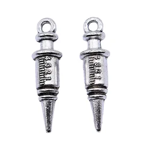 Pair of vintage silver 3D syringe charms 7x25mm for creative DIY jewelry making projects
