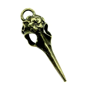 Vintage bronze bird skull pendant with floral engraving for DIY jewelry making 41x12mm