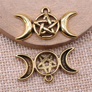 Antique gold triple moon goddess pentagram charms for DIY jewelry necklace making.