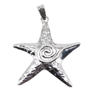 Large 70x66mm silver starfish pendant necklace with spiral ocean animal design