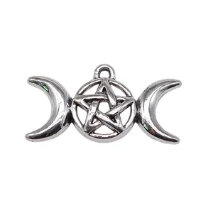 Antique silver triple moon goddess pentagram pendant charm for DIY jewelry craft making
