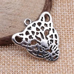 Vintage silver leopard head charm pendant for DIY jewelry making, 28x26mm size
