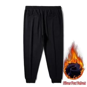 Men's winter thick black fleece-lined joggers with warm silver fox velvet lining