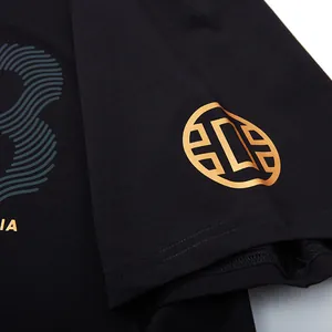 Black plus size streetwear T-shirt with gold foil sleeve logo and graphic print