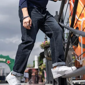 Men Plus Size Business Casual Straight Leg Jeans Black Cotton Stretch Loose Denim Pants Classic Five Pocket Style Bottoms