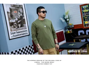 Detail view of men's olive green plus size long sleeve casual crew neck t-shirt