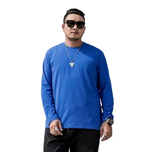 Men's plus size long sleeve crew neck t-shirt in solid royal blue cotton fabric.