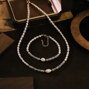 Originelles Design Natur Süßwasserperle Mondstein Halskette Und Armband Für Damen Elegante Vintage Schmuck Bankett Zubehör