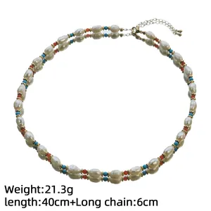 Elegant natural pearl and turquoise beaded choker necklace with adjustable extension chain