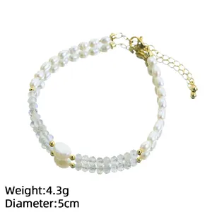 Handgefertigtes zweireihiges Naturperlen- und Mondsteinarmband mit vergoldetem Verschluss