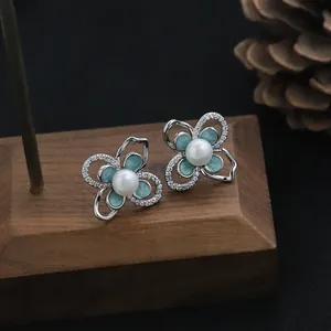Orecchini a Bottone in Argento Sterling 925 con Perla d'Acqua Dolce per Donna Vintage Doppio Strato Fiore Smalto Strass Gioielli Eleganti