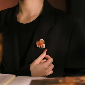 Elegant vintage floral brooch with red natural stone and Baroque pearls for classic style