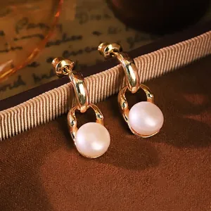 Orecchini a Bottone con Perle Naturali da Donna Vintage Francese Placcati Oro a Maglia di Catena con Perno in Argento 925