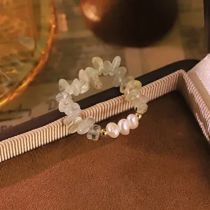 Elegant natural grape stone and pearl adjustable ring with gold copper beads detail