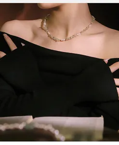 Elegant natural freshwater pearl and green prehnite choker necklace worn by Asian model