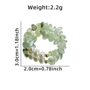 Handmade natural pearl and prehnite beaded ring with gold accents, 2.2g lightweight ring