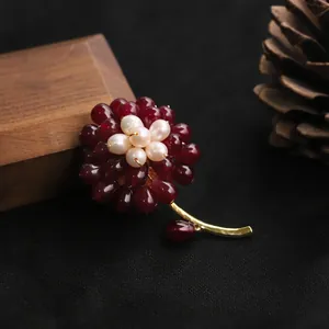 Handmade Forest Style Floral Brooch With Red Agate Carnelian And Freshwater Pearl 18K Gold Plated Alloy Pin For Women Jewelry