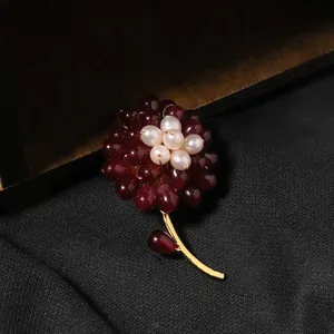 Elegant handmade flower brooch with deep red agate beads and white freshwater pearls