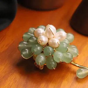 Handmade aventurine jade and freshwater pearl sunflower brooch pin for women