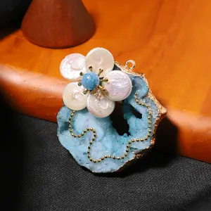 Exquisite handmade baroque freshwater pearl flower brooch with blue druzy geode stone