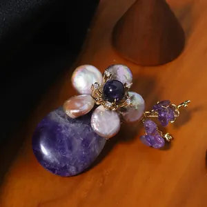 Elegant purple agate and natural freshwater pearl flower brooch for women's apparel.